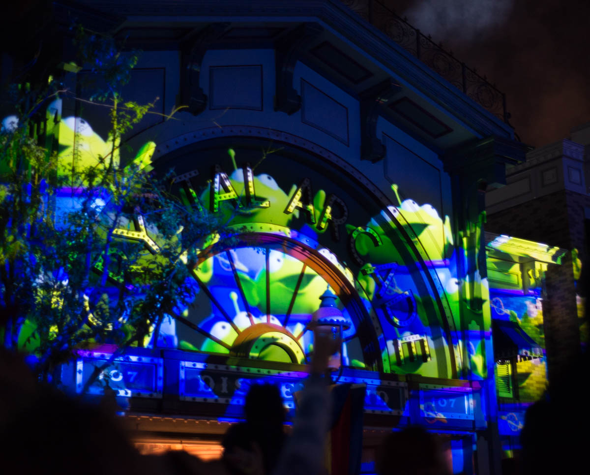 Toy Story Green Aliens Projected onto Main Street Disneyland for the Together Forever Fireworks