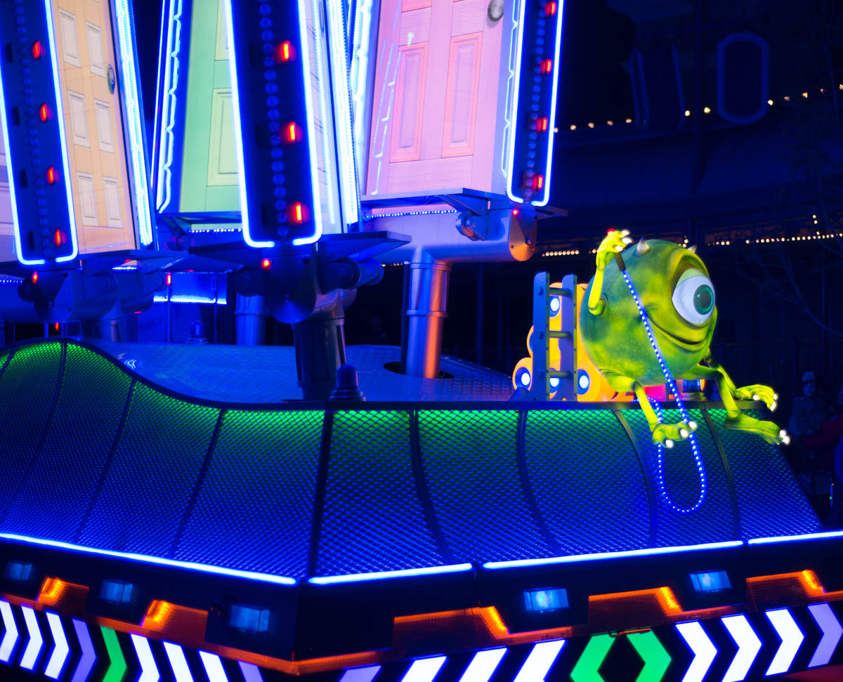 Mike Wazowski on a Paint the Night Parade Float for Pixar Fest in Disneyland's California Adventure
