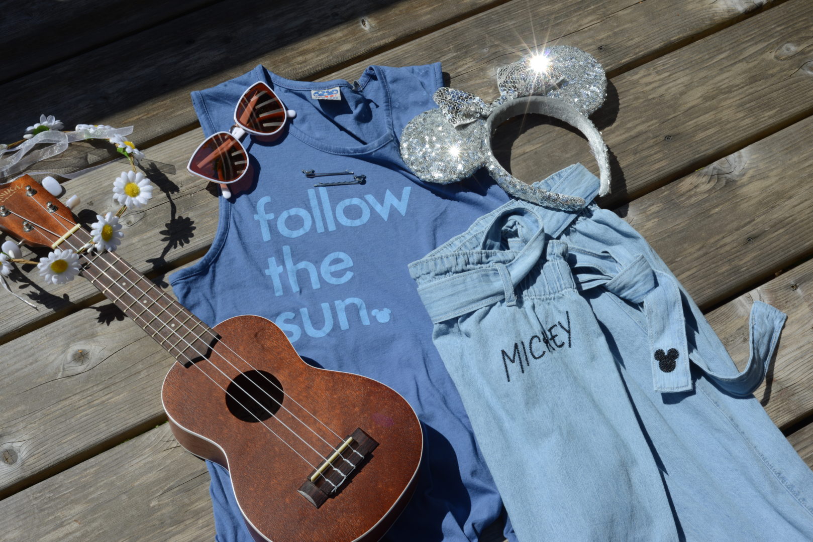 Follow the Sun Mickey Shirt with Denim Pants and Rose Gold Sunglasses by Junk Food Clothing Line from Target