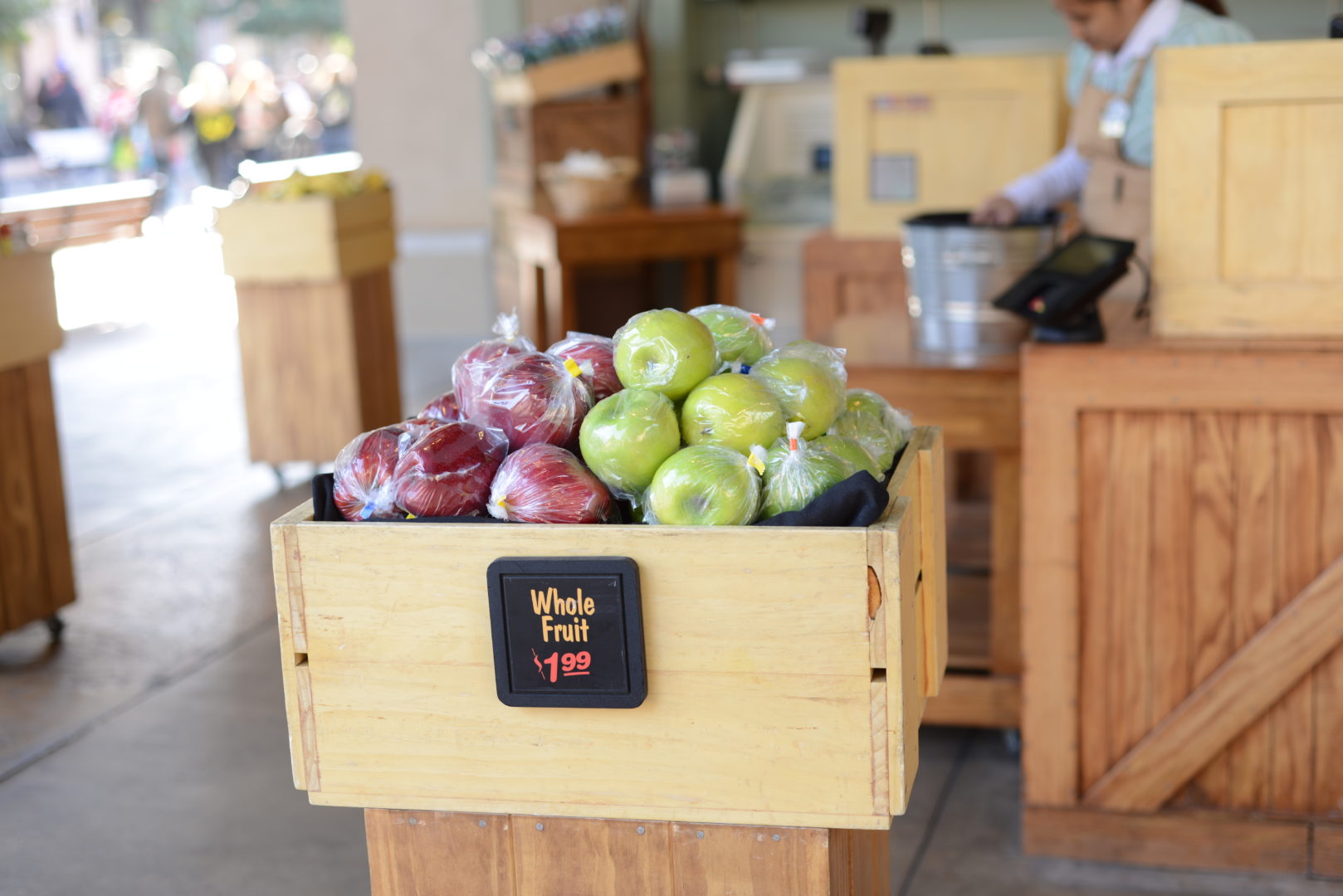 Wooden Box of Red and Green Apples at Mortimer's Market in Disneyland's California Adventure
