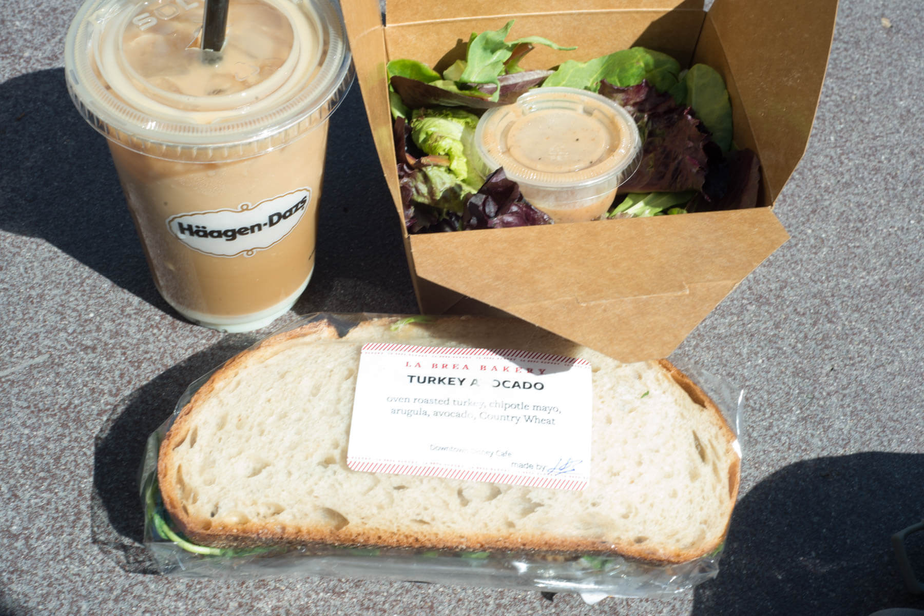 Sandwich, Salad, and Iced Coffee from La Brea Bakery in Downtown Disney at Disneyland