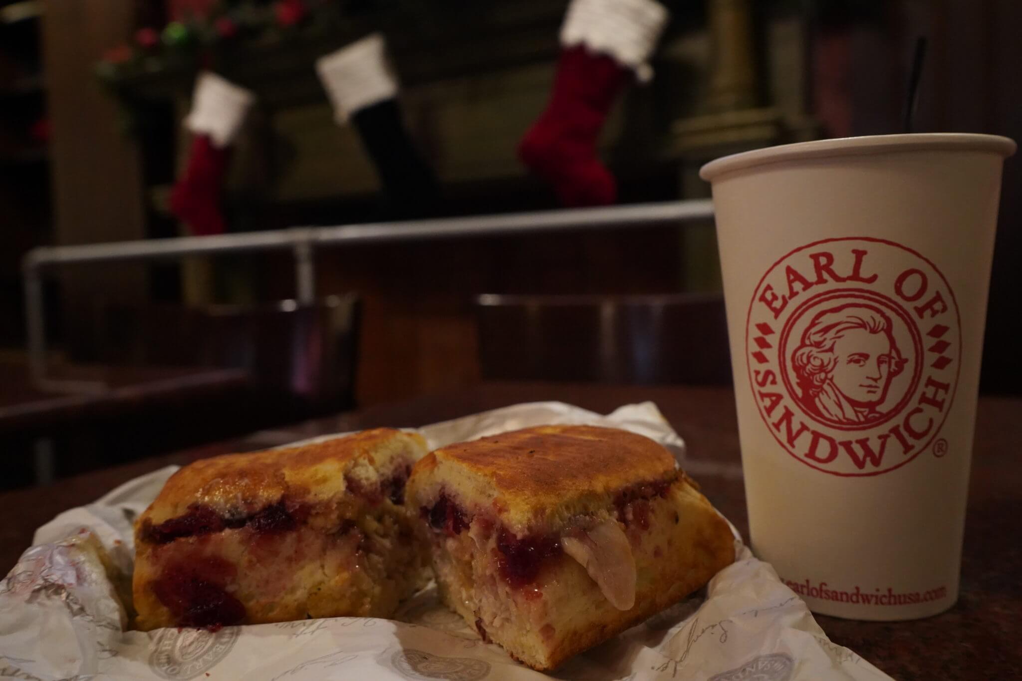 Holiday Turkey Sandwich with Stuffing and Cranberries and Coffee from Earl of Sandwich at Disney Springs