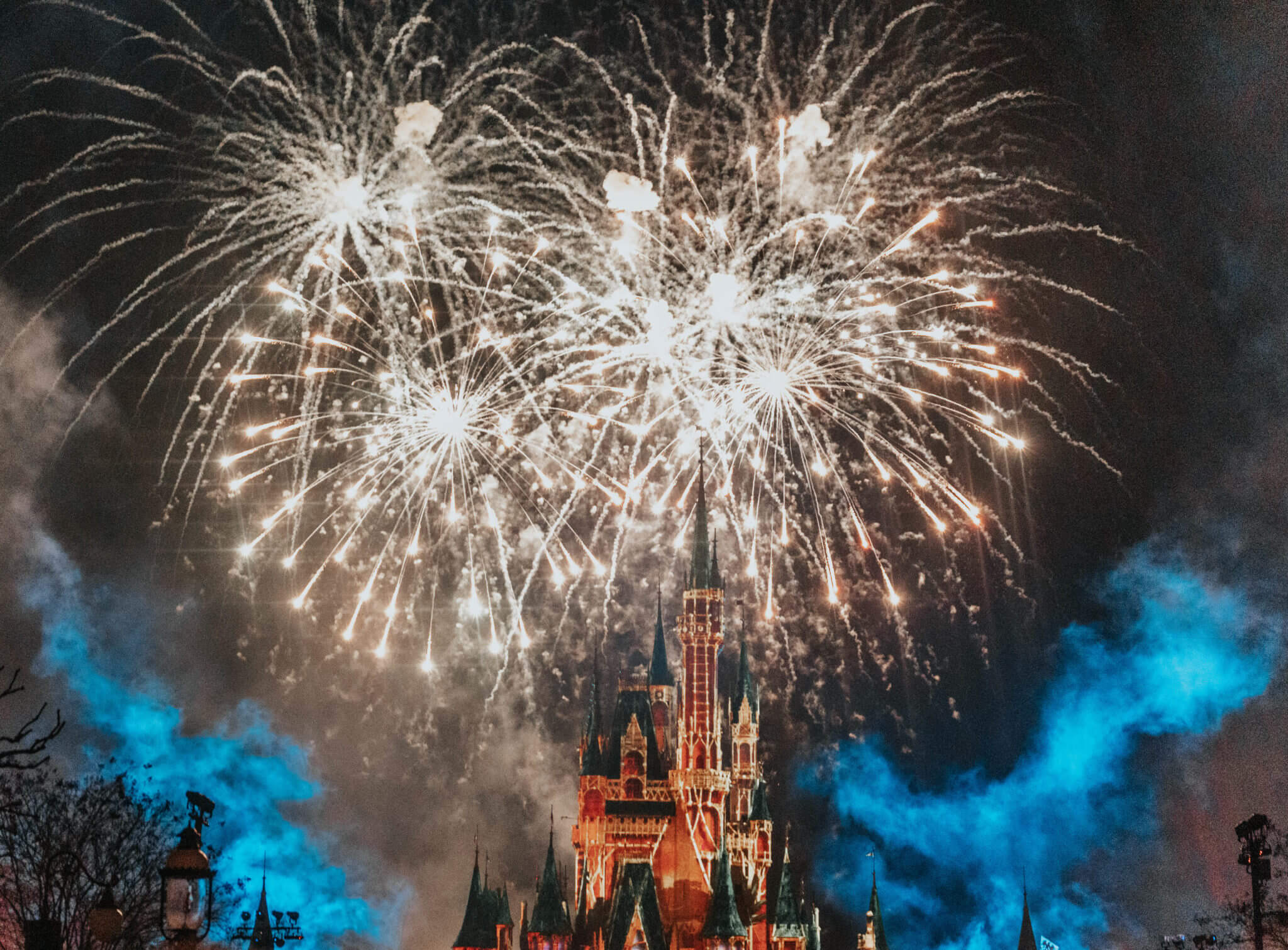 Cinderella Castle Happily Ever After Fireworks with pink filter