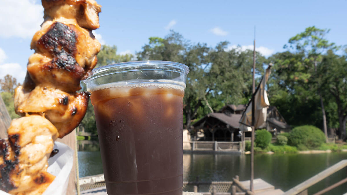 sweet and spicy Chicken skewer and coffee from Westward Ho in Magic Kingdom